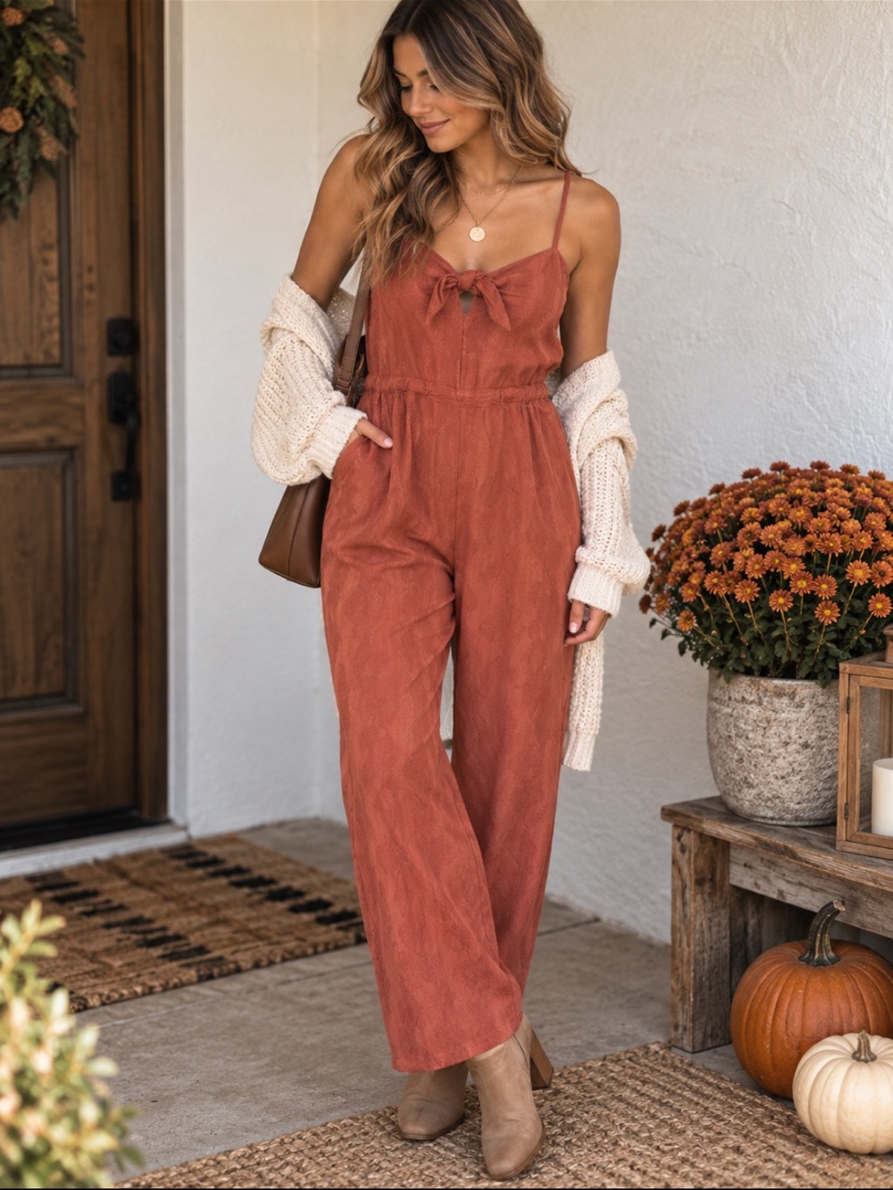 Roxy Rust Tie-Front Wide-Leg Boho Jumpsuit XL but Fits L Fall Festive